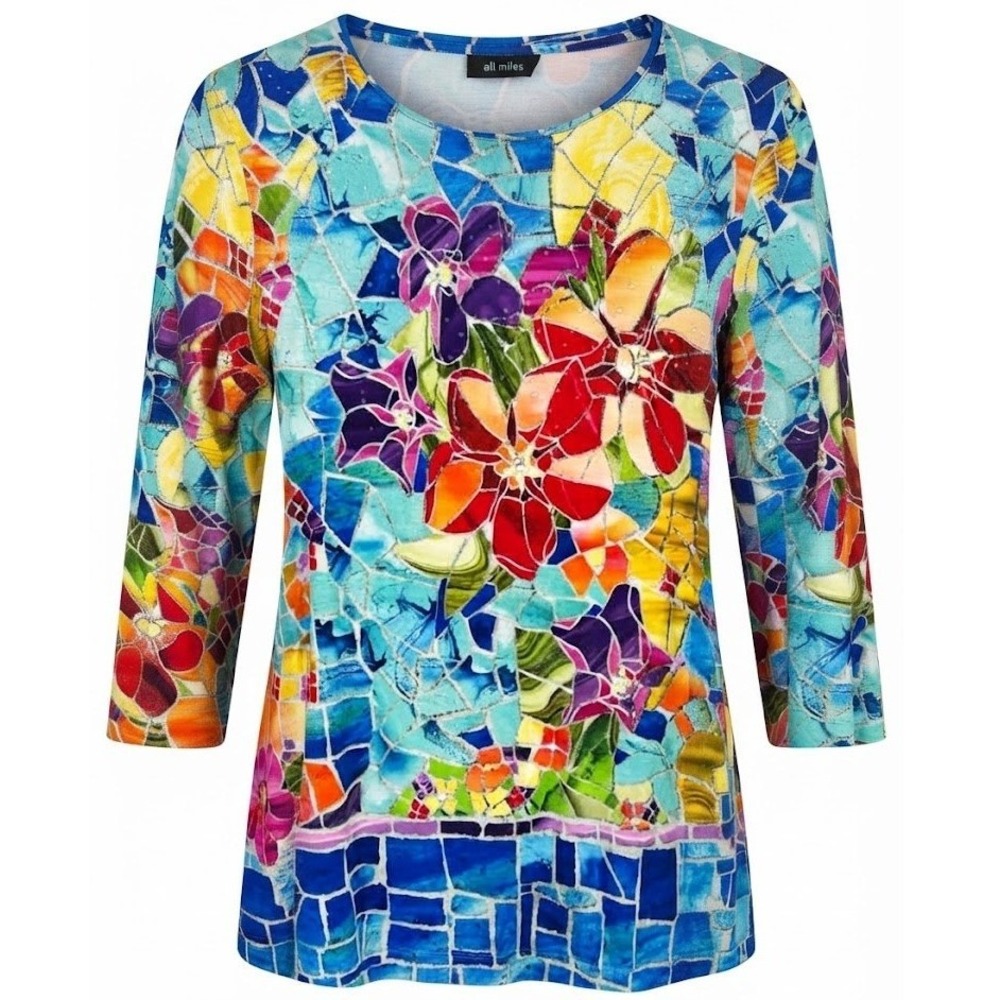 Ali Miles Womens S Floral Mosaic 3/4 Sleeve Beaded Tunic Shirt Multicolor Art